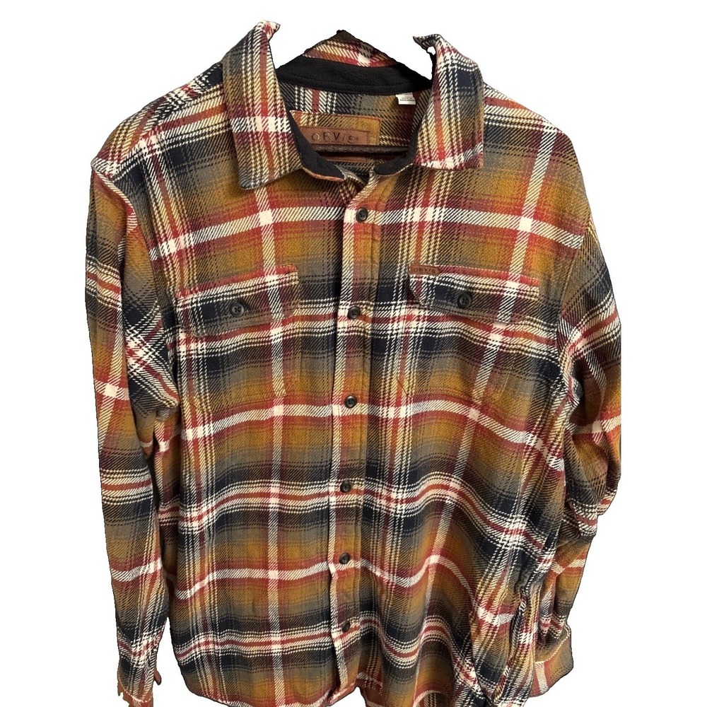 Orvis Mens Large Plaid Flannel Button Down Shirt Cotton Mustard Red Navy L/G